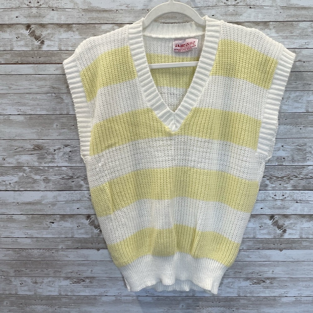 Vtg 90's Janenits Womens M Vest Sweater Striped Yellow/White V-Neck Preppy‎ USA